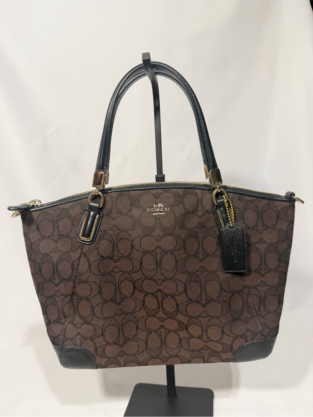 Coach Brown Signature Monogram Tote with Black Leather Trim